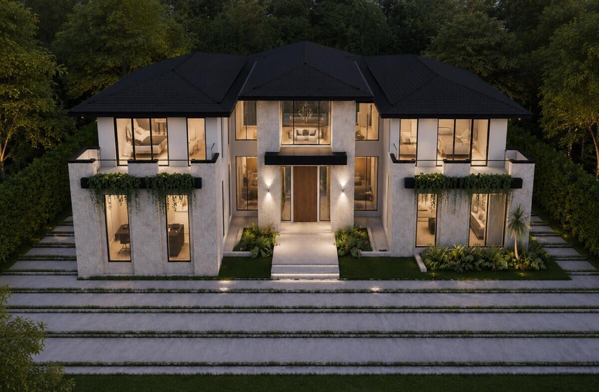 A rendering of a two-story modern luxury home with a textured facade and dark roof — 7396 SW 79th Court, Miami FL 33143, MIAMI, FL