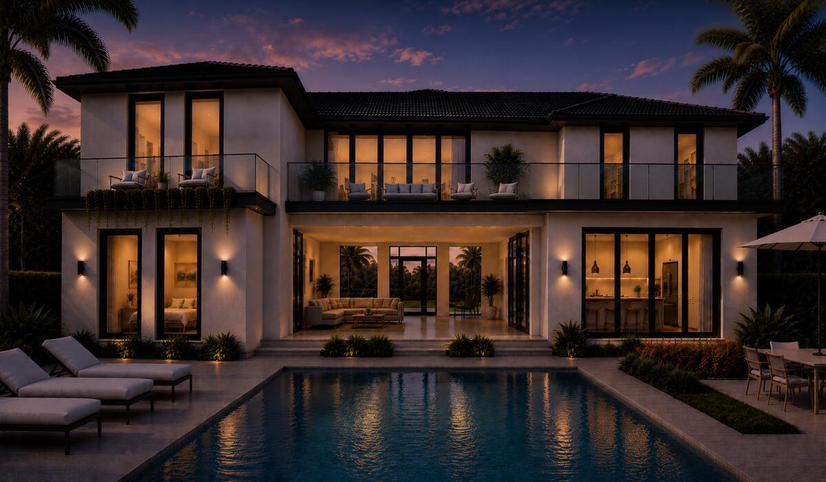 This is a rendering of a two-story modern house with a pool at twilight — 7396 SW 79th Court, Miami FL 33143, MIAMI, FL
