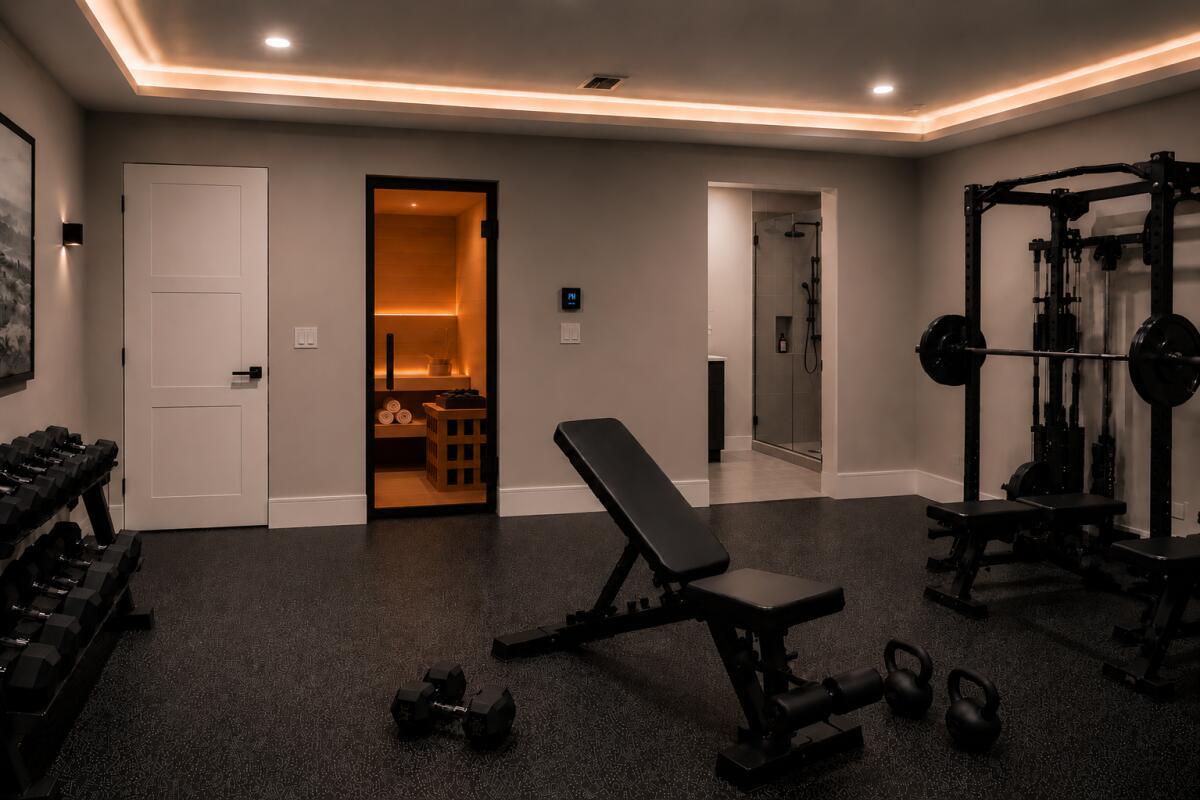 A home gym featuring a sauna, a shower, a weight rack, and rubber flooring — 7396 SW 79th Court, Miami FL 33143, MIAMI, FL