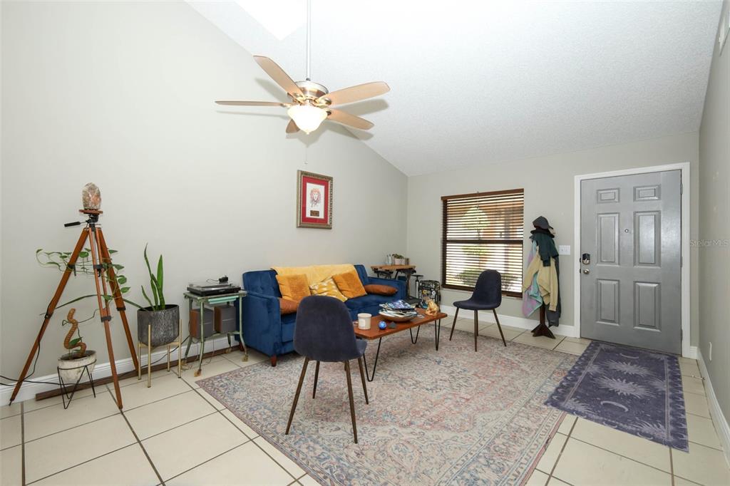 A living room features a blue sofa, a patterned rug, and a ceiling fan — 359 DOUGLAS WAY UNIT 54, WINTER GARDEN, FL
