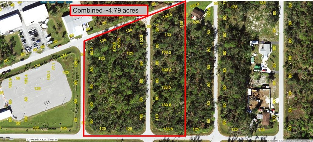 This is an aerial map showing a large, multi-parcel plot of land outlined in red — 16404 ESTER AVENUE, PORT CHARLOTTE, FL