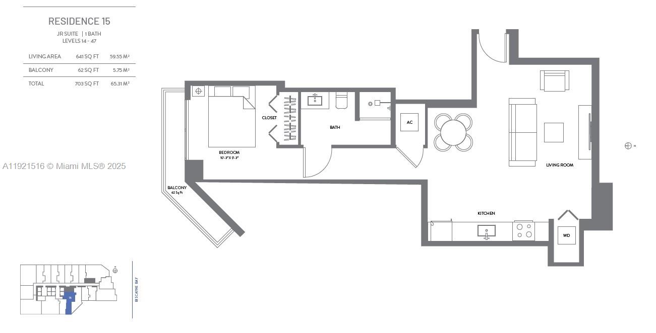 This is a floor plan for a one-bedroom, one-bathroom residential unit with a balcony — 398 NE 5th St # 2215, Miami FL 33132, MIAMI, FL
