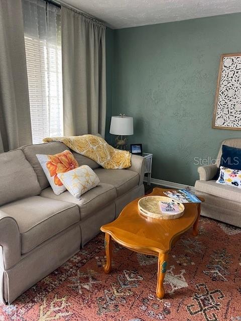 A living room features a beige sofa, a wooden coffee table, and a patterned rug — 5025 28TH AVENUE S, GULFPORT, FL