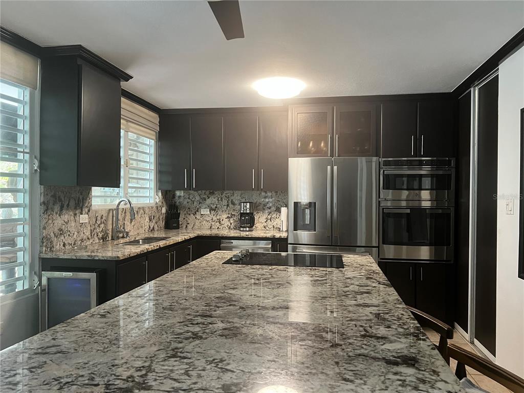 A kitchen features dark cabinetry, granite countertops, a large island, and stainless steel appliances — 00 ALBACORA, VEGA ALTA, PR