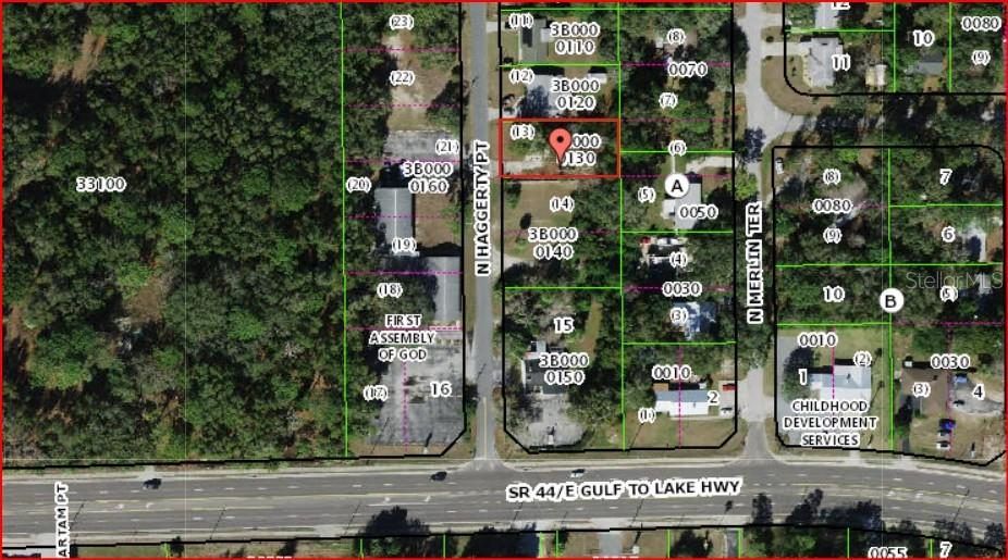 This is an aerial map showing property parcel boundaries and street layouts — 1195 N HAGGERTY POINT, CRYSTAL RIVER, FL
