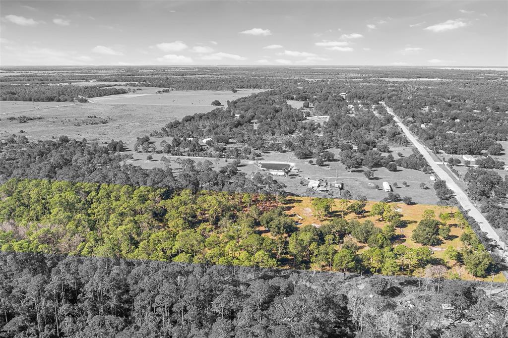 An aerial view shows a wooded lot highlighted in yellow next to a rural road — 1405 FAZZINI DRIVE, FROSTPROOF, FL