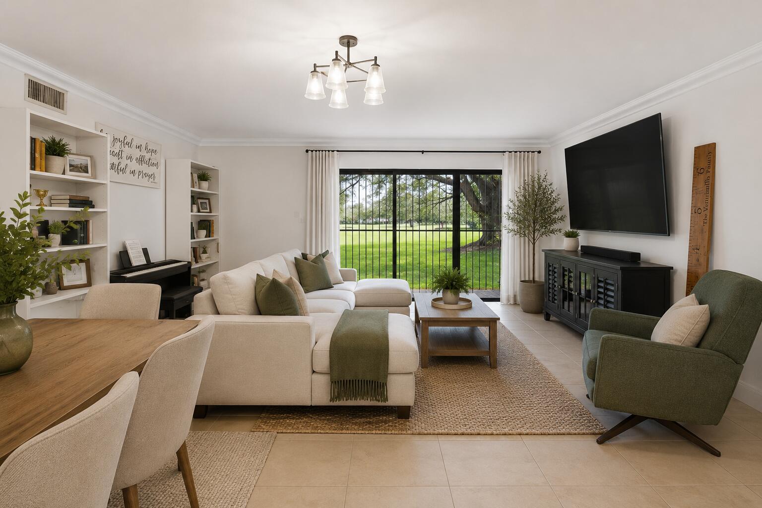 A living room with a sectional sofa, green armchair, television, and sliding glass doors — 371 W Park Drive # 17, Miami FL 33172, MIAMI, FL