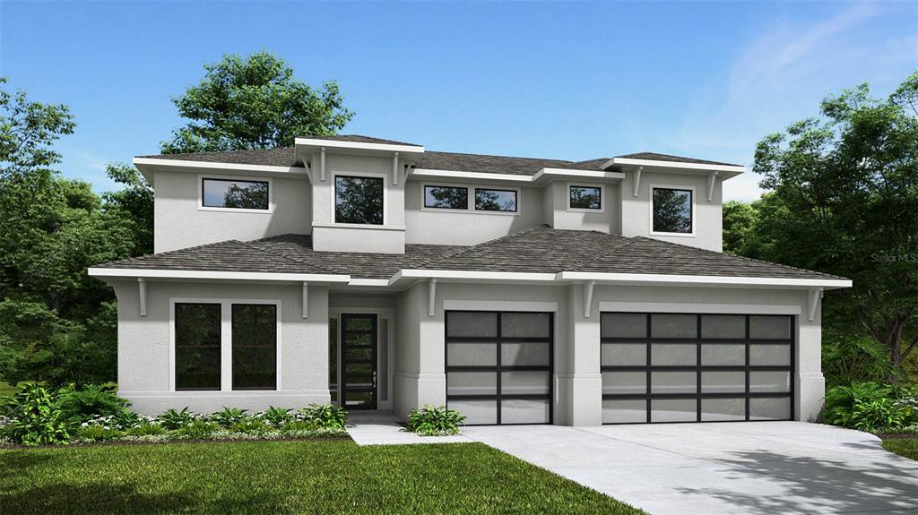 This is a digital rendering of a two-story modern house with a three-car garage — 3514 PINTO LANE, BRADENTON, FL
