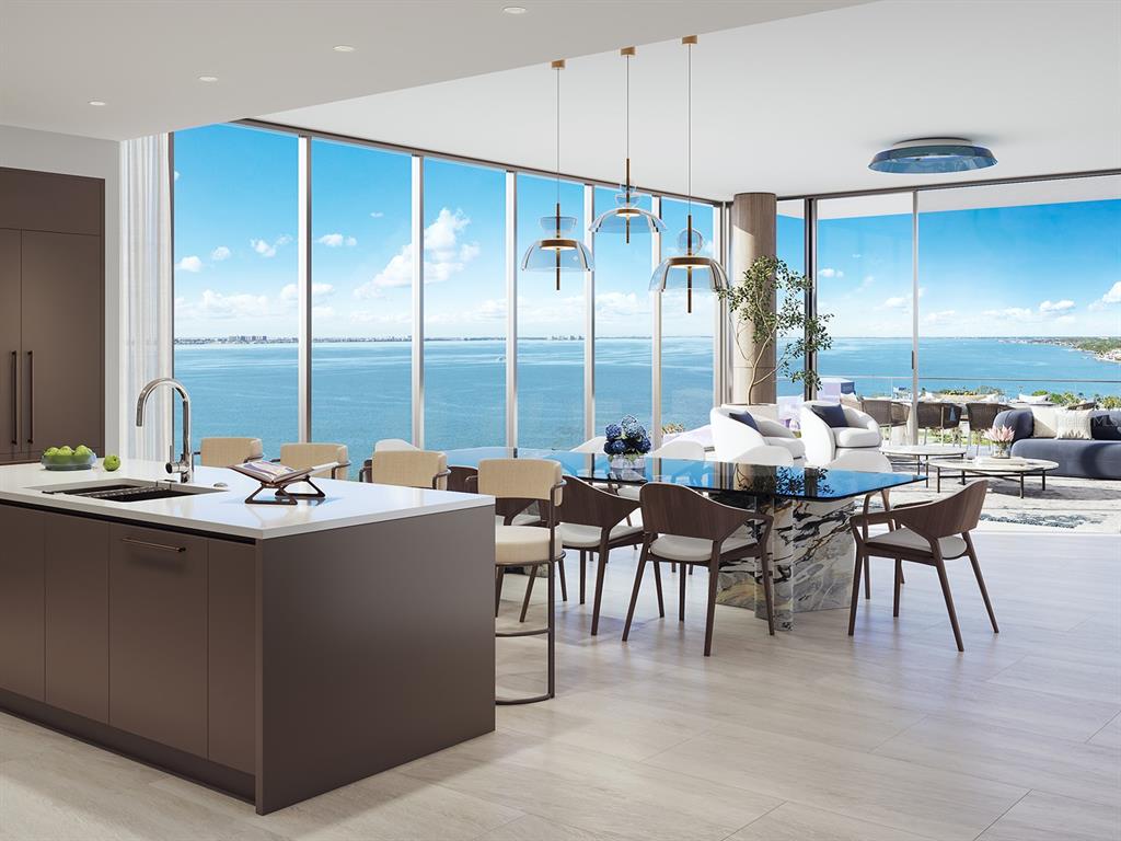 This is a digital architectural rendering of a modern high-rise apartment building at dusk — 1000 BOULEVARD OF THE ARTS UNIT 1201, SARASOTA, FL