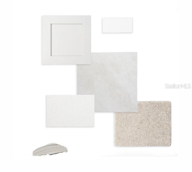 This is a digital design board showing samples of white cabinetry, tile, flooring, and paint — 5592 COOPERS HAWK CT, ST CLOUD, FL