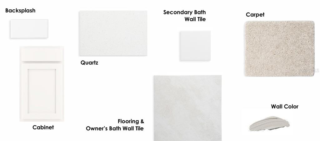 This image is a design board displaying samples of cabinets, quartz, tile, carpet, and paint — 5592 COOPERS HAWK CT, ST CLOUD, FL