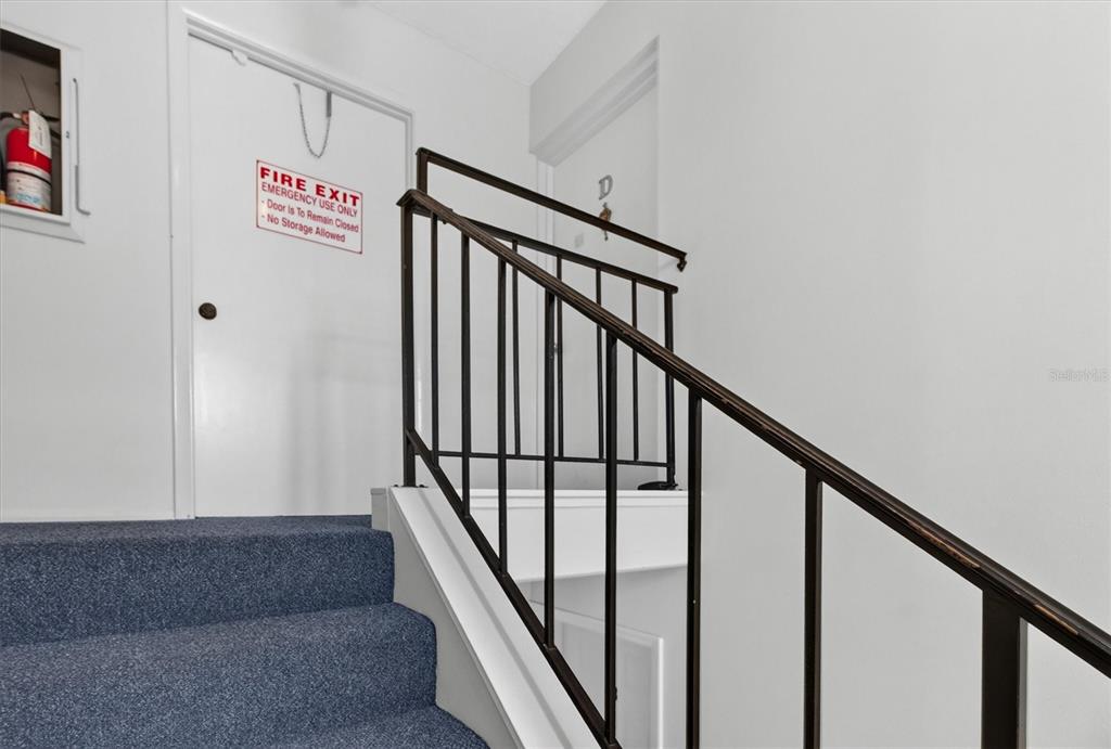 A staircase with blue carpet leads to a white door labeled as a fire exit — 8522 10TH STREET N UNIT D, ST PETERSBURG, FL