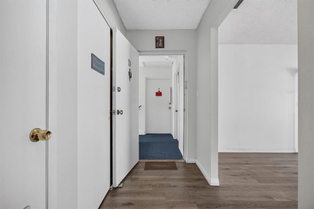 An interior hallway features white walls, wood-look flooring, and an open door leading outside — 8522 10TH STREET N UNIT D, ST PETERSBURG, FL