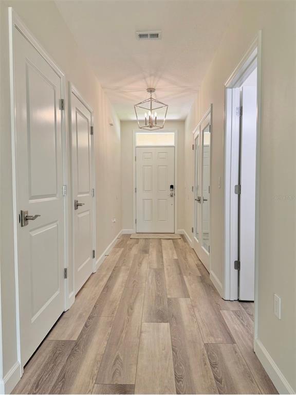 A hallway with light wood-look flooring leads to a white front door under a chandelier — 9714 OAK RANCH CRESCENT COURT, THONOTOSASSA, FL