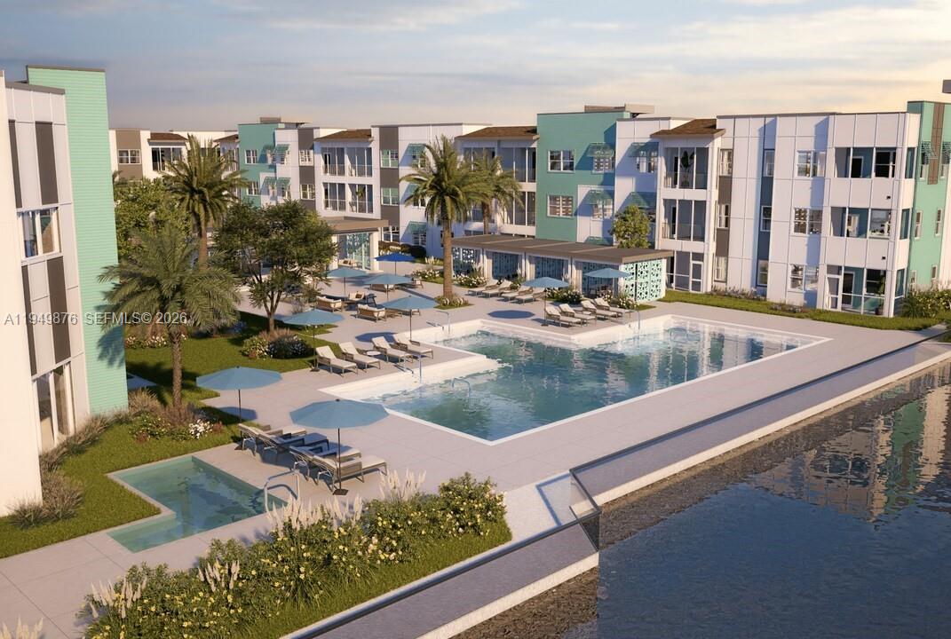 This is a digital rendering of an apartment complex pool area with lounge chairs — 3901 Coast View Pointe # B2, Vero Beach FL 32960, VERO BEACH, FL