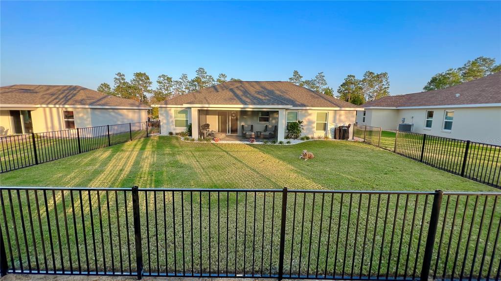 A fenced backyard features a single-story house with a covered patio and a dog — 6944 SW 179TH COURT ROAD, DUNNELLON, FL