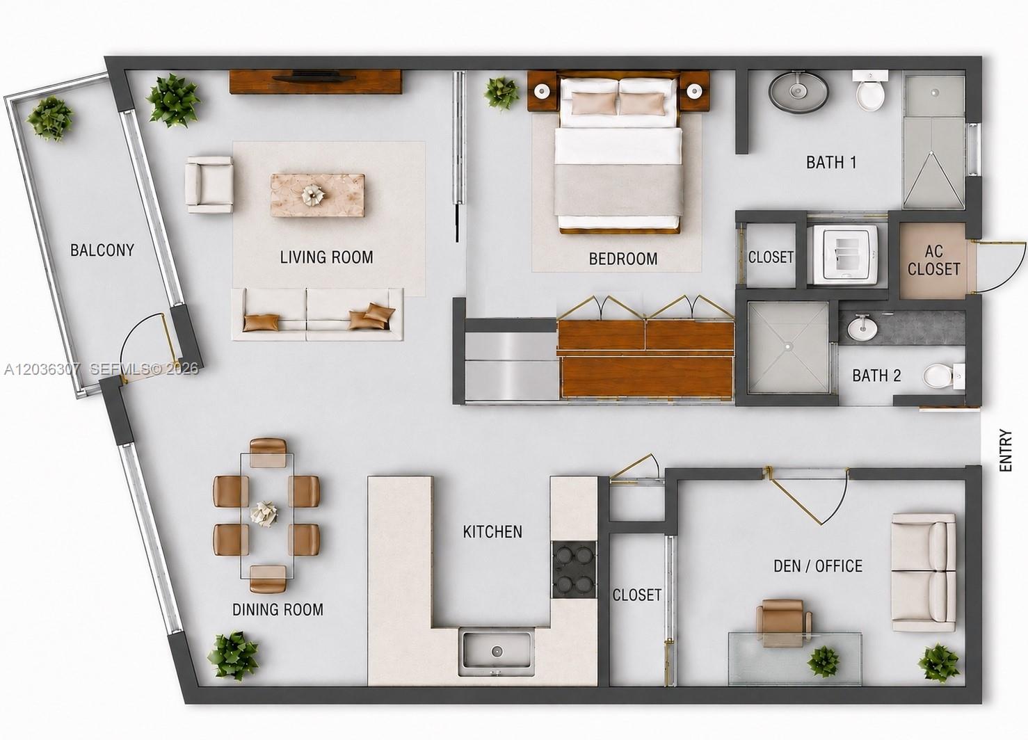 This is a floor plan rendering of a one-bedroom apartment with a den and balcony — 1228 West Ave # 604, Miami Beach FL 33139, MIAMI BEACH, FL