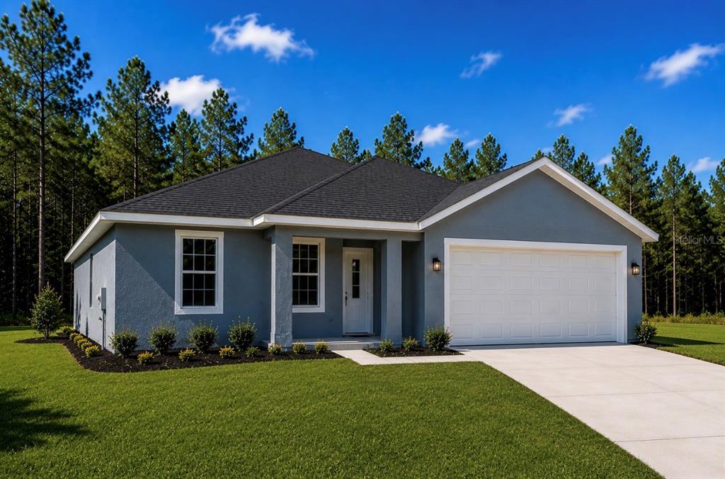 A single-story gray house with a two-car garage and a front porch sits on grass — 16440 MEDLEY ROAD, WEEKI WACHEE, FL