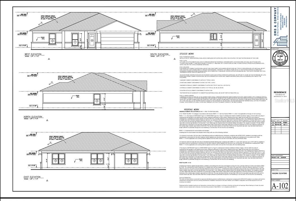 This architectural drawing shows the four exterior elevations of a residential building — 16440 MEDLEY ROAD, WEEKI WACHEE, FL