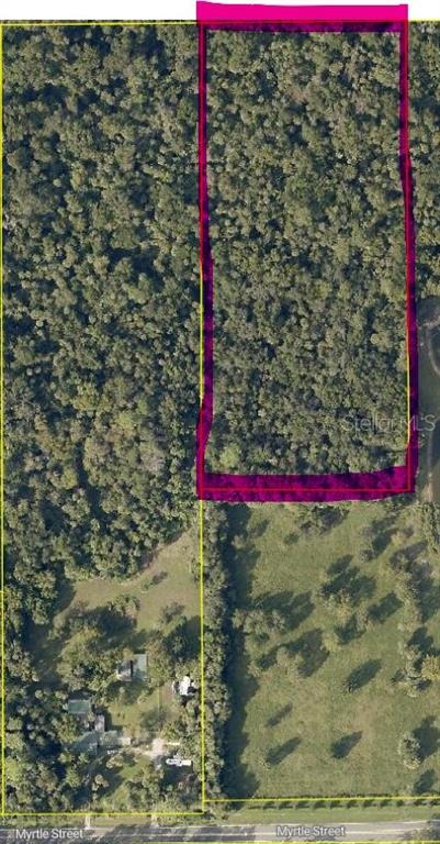 An aerial map shows a rectangular plot of land outlined in pink and yellow — 1260 MYRTLE STREET, SANFORD, FL