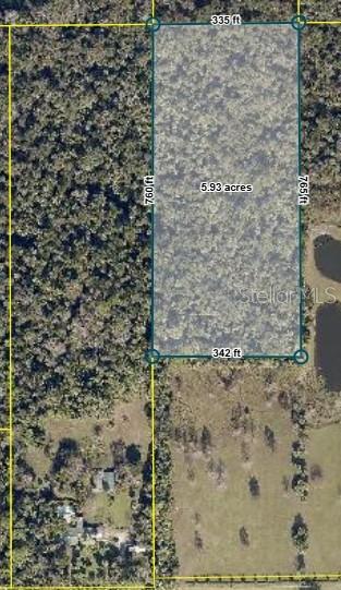 An aerial map shows a rectangular 5.93-acre wooded lot with its dimensions labeled — 1260 MYRTLE STREET, SANFORD, FL