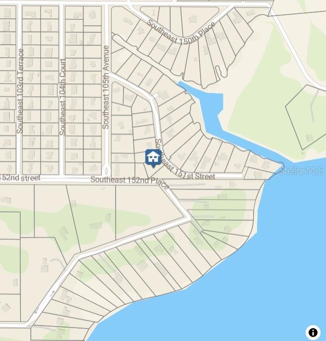 This is a map showing residential lots and streets near a body of water — SE 152ND PLACE, SUMMERFIELD, FL