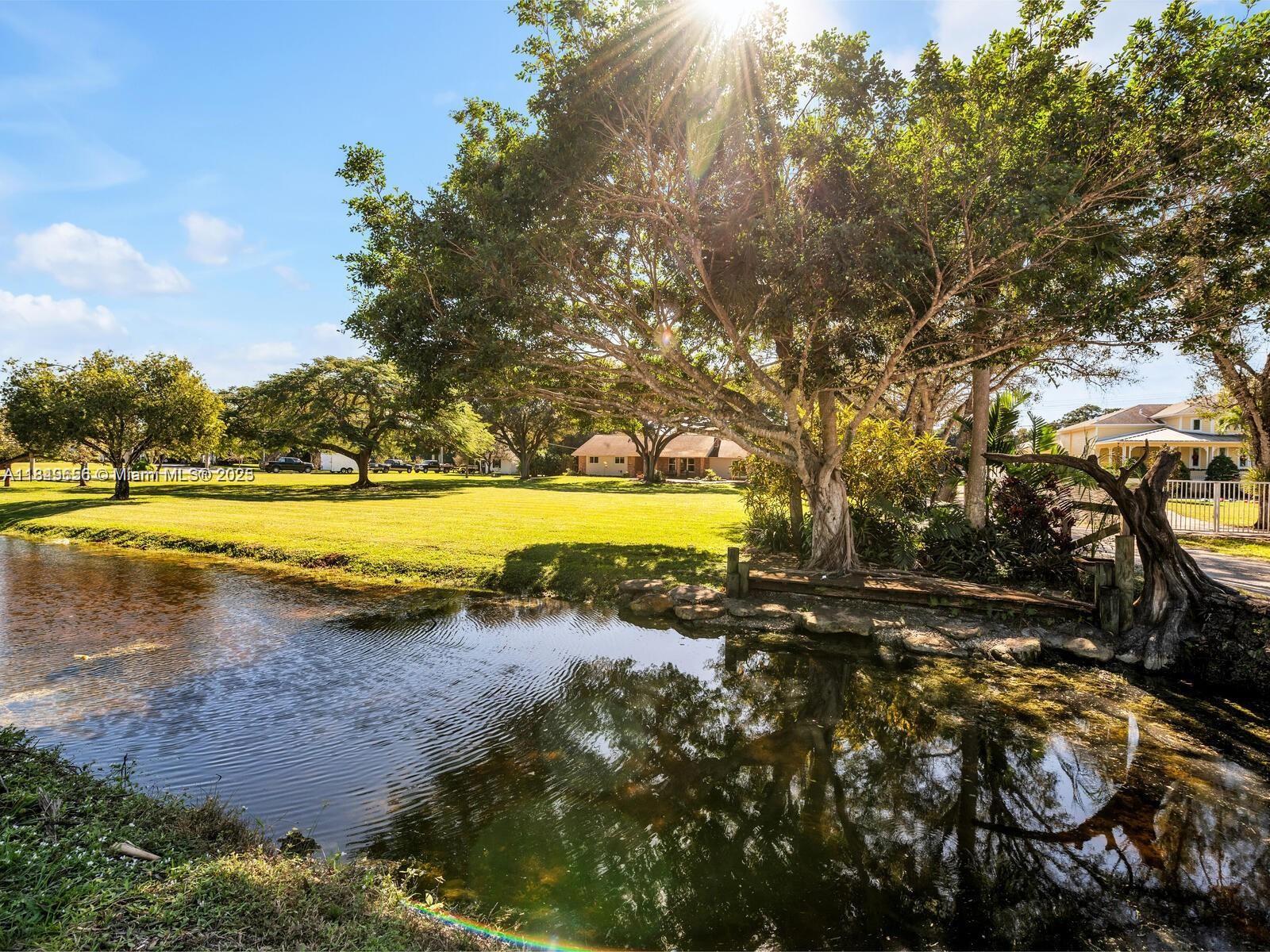 A grassy yard with large trees sits beside a pond under a sunny sky — 13350 Luray Rd, Southwest Ranches FL 33330, SOUTHWEST RANCHES, FL
