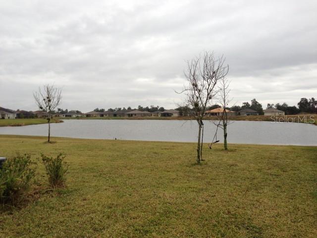 A grassy yard overlooks a large pond with residential houses in the background — 5109 BUTTERFLY SHELL DRIVE, APOLLO BEACH, FL