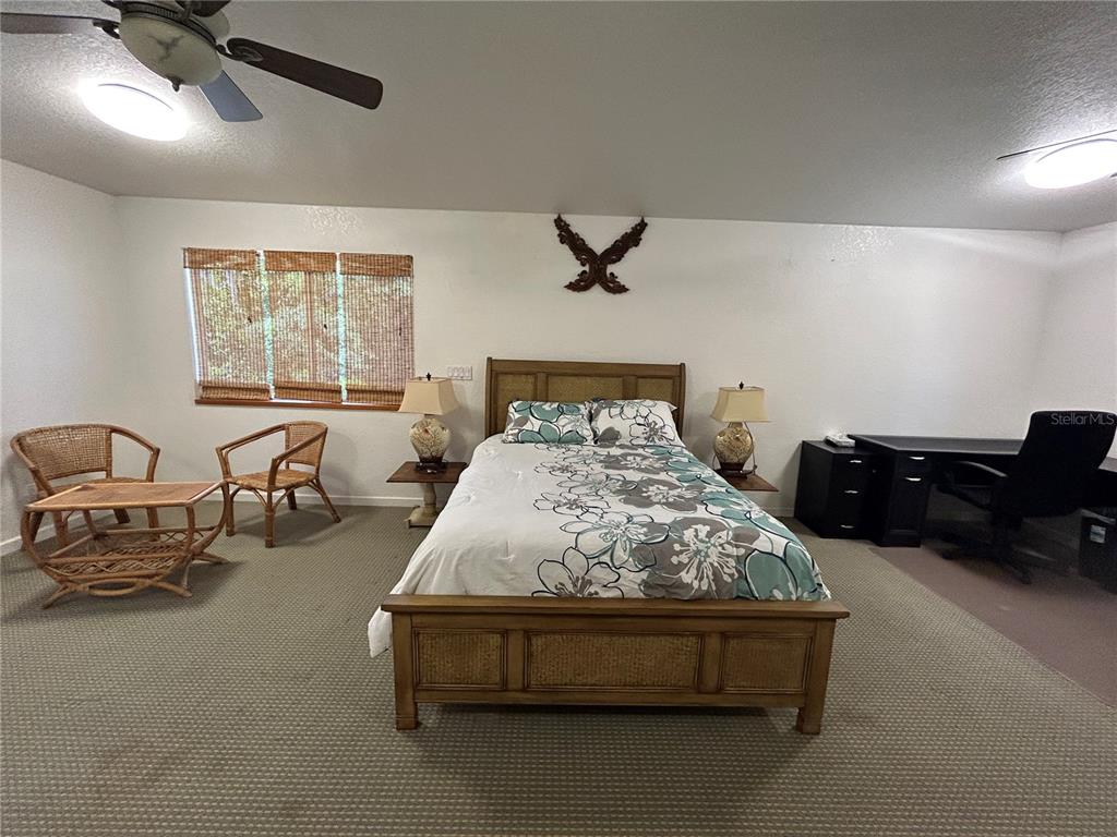 A bedroom features a bed, two wicker chairs, a desk, and a ceiling fan — 18620 WAYNE ROAD UNIT 1, ODESSA, FL