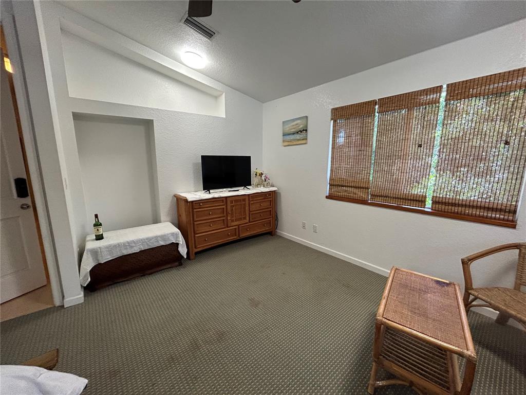 A carpeted bedroom features a wooden dresser with a television, a window with blinds, and furniture — 18620 WAYNE ROAD UNIT 1, ODESSA, FL