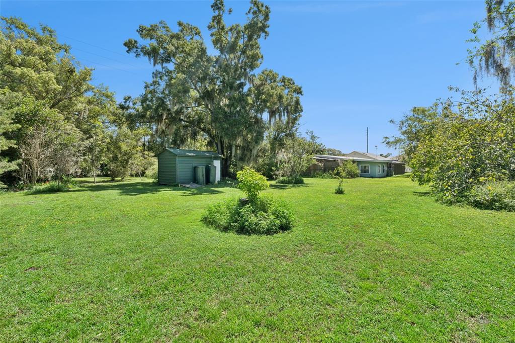 A large grassy backyard features a metal storage shed and a house in the distance — 1730 NEPTUNE ROAD, KISSIMMEE, FL
