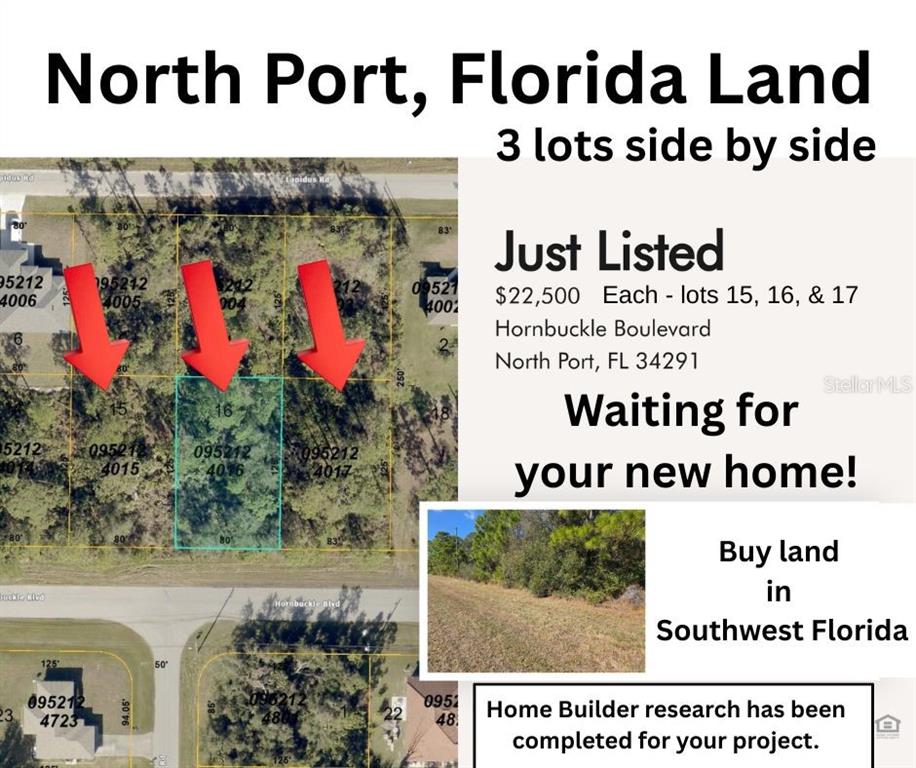 This image is a map showing three adjacent vacant lots for sale in North Port, Florida — Lot 15 HORNBUCKLE BOULEVARD, NORTH PORT, FL