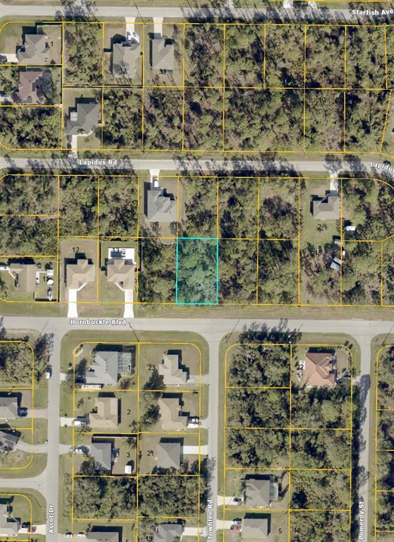 This is an aerial map showing a vacant lot highlighted in blue within a residential neighborhood — Lot 15 HORNBUCKLE BOULEVARD, NORTH PORT, FL