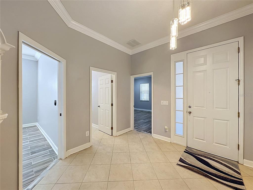 An entryway with tile flooring, gray walls, crown molding, and a white front door — 157 CREPE MYRTLE DRIVE, GROVELAND, FL