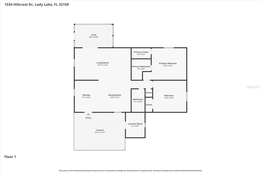 This is a floor plan for a single-story home with two bedrooms and a carport — 1534 HILLCREST DRIVE, LADY LAKE, FL