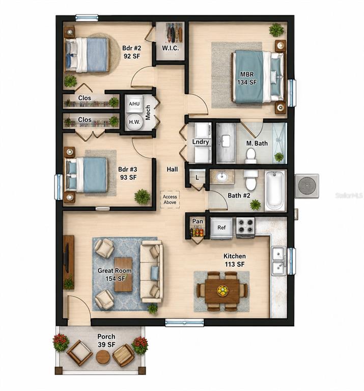 This is a floor plan of a three-bedroom, two-bathroom home with an open-concept living area — 728 HENRY ST, AUBURNDALE, FL
