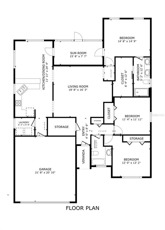 This is a floor plan for a house featuring a garage, three bedrooms, and a sunroom — 17867 SE 115TH CIRCLE, SUMMERFIELD, FL
