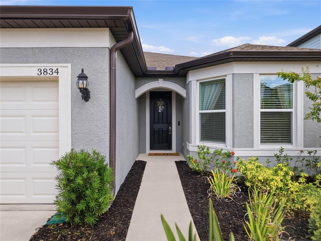 A gray stucco house exterior features a black front door, a walkway, and landscaping — 3834 MAPLE BAY LANE, LAND O LAKES, FL