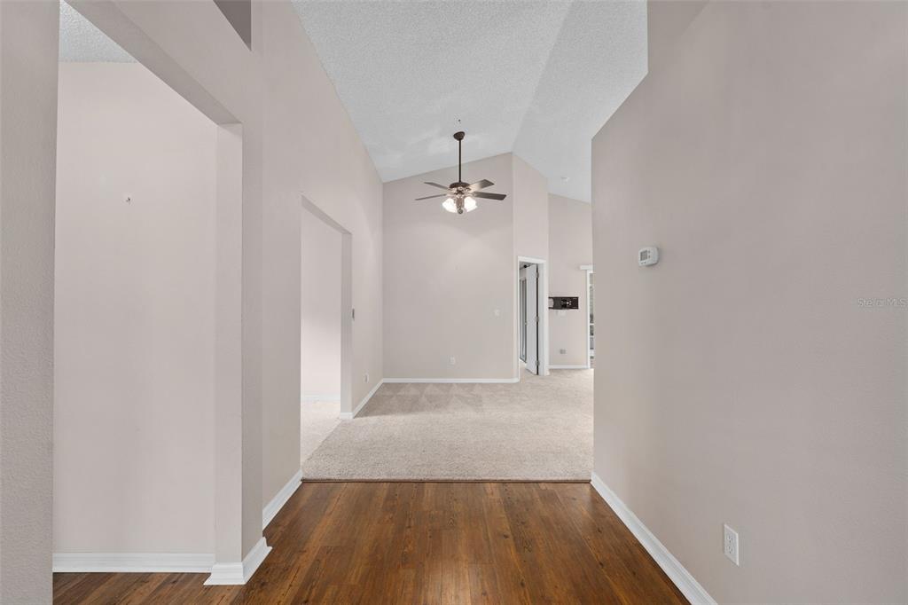 A view from a wood-floored entryway looking into a carpeted living area with vaulted ceilings — 3525 ROLLINGBROOK STREET, CLERMONT, FL