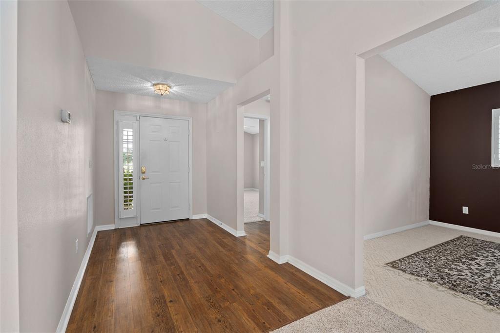 An entryway with wood-look flooring, a white front door, and a transition to carpeted rooms — 3525 ROLLINGBROOK STREET, CLERMONT, FL