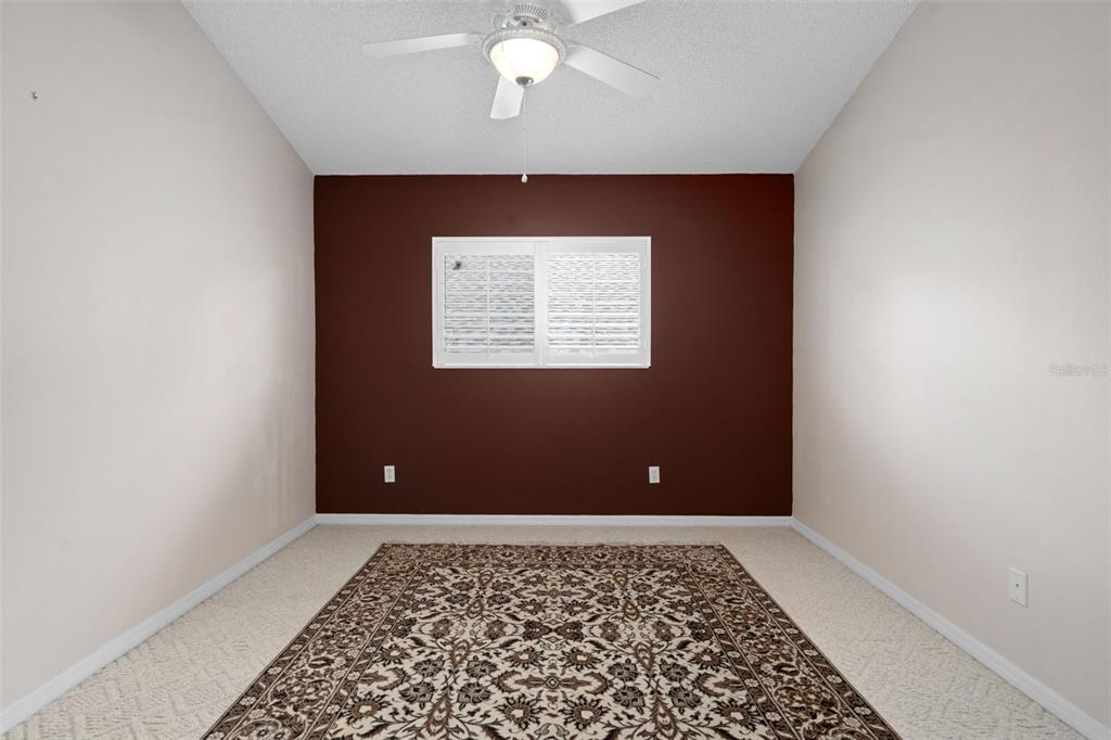 A bedroom features beige walls, a dark brown accent wall, and a patterned area rug — 3525 ROLLINGBROOK STREET, CLERMONT, FL