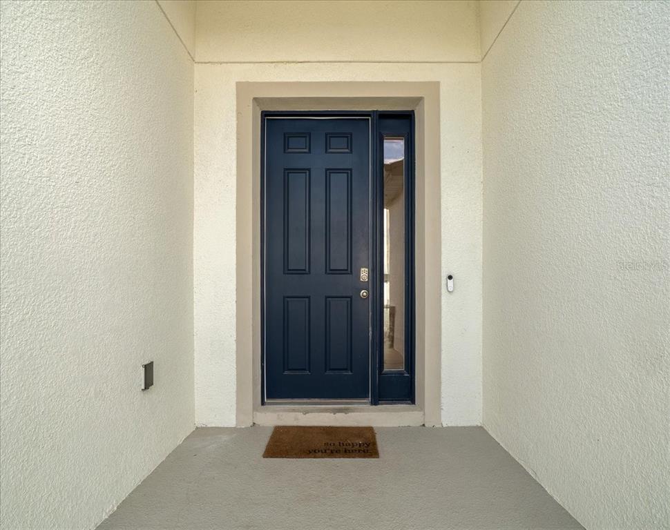 A dark blue front door with a side window sits within a recessed entryway — 8068 SW 59TH TERRACE, OCALA, FL