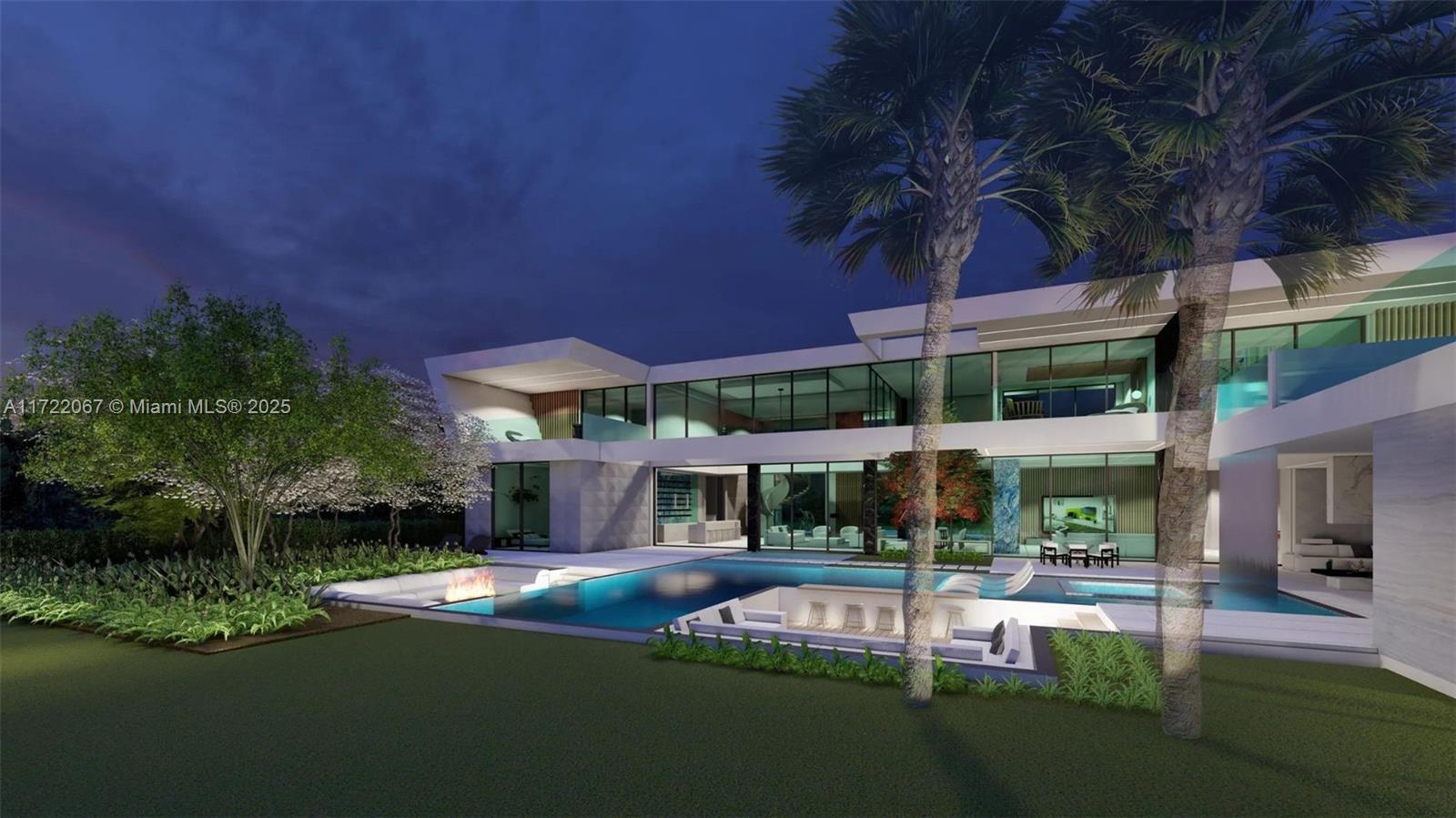 This is a rendering of a modern two-story house with a pool and fire pit — 15283 Persimmon Ave, Delray Beach FL 33446, DELRAY BEACH, FL