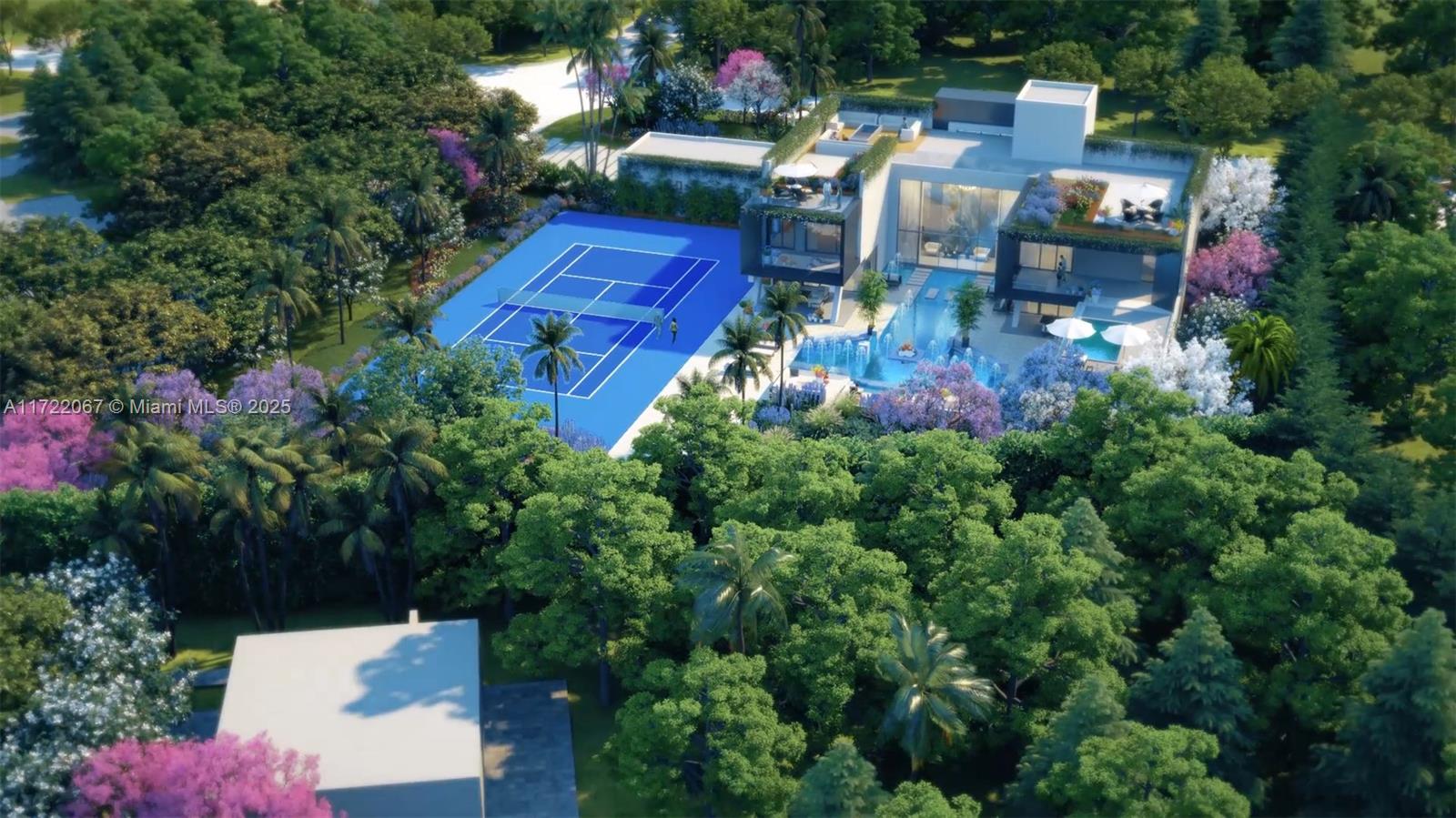 This is a rendering of a modern luxury estate featuring a tennis court and swimming pool — 15283 Persimmon Ave, Delray Beach FL 33446, DELRAY BEACH, FL