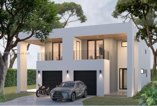 This is a rendering of a modern two-story duplex with two garages and upper balconies — 169 NE 69th St, Miami FL 33138, MIAMI, FL