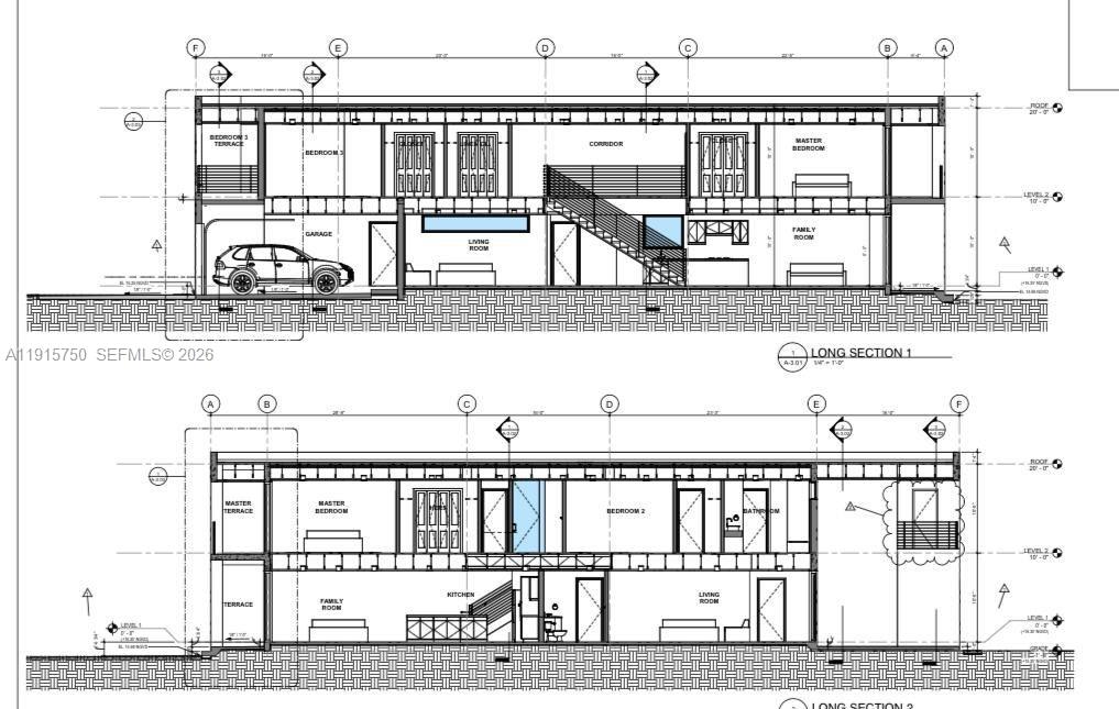 This architectural rendering shows two long sections of a two-story residential building — 169 NE 69th St, Miami FL 33138, MIAMI, FL