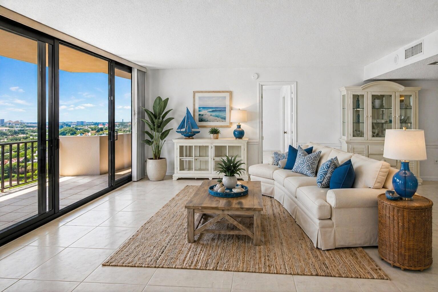 A bright living room features a beige sofa, wooden coffee table, and a balcony view — 4200 N Ocean Drive # 804, Singer Island FL 33404, SINGER ISLAND, FL