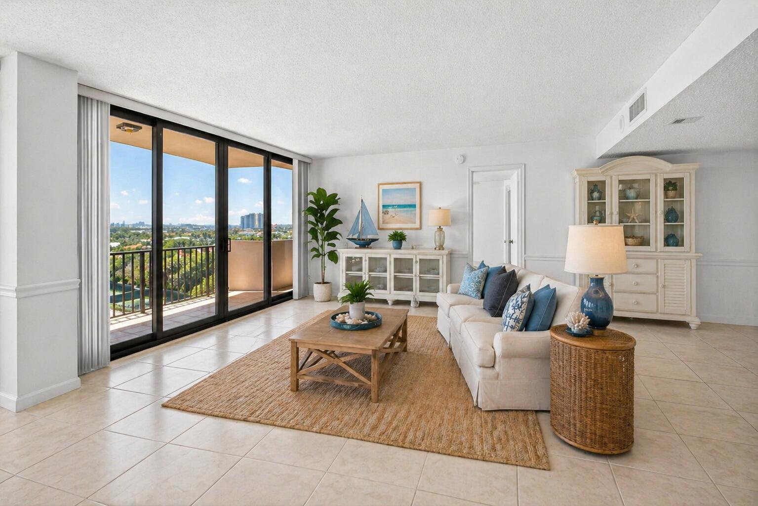 A bright living room features tile floors, a neutral sofa, and a balcony with views — 4200 N Ocean Drive # 804, Singer Island FL 33404, SINGER ISLAND, FL