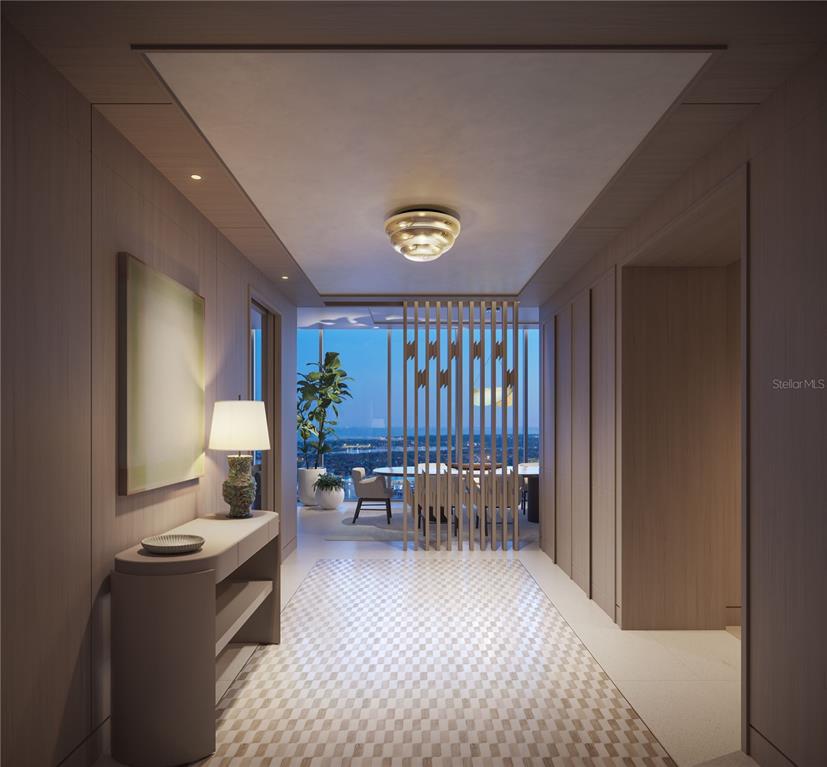 This rendering shows a modern entryway with wood paneling, a patterned rug, and a room divider — 150 2ND AVENUE S UNIT 4305, ST PETERSBURG, FL