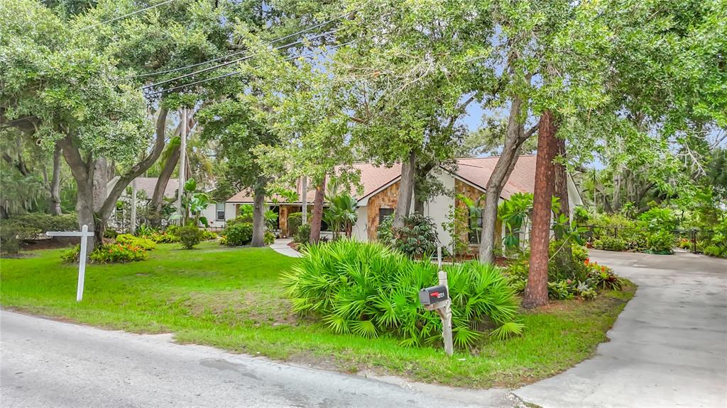 A single-story house with stone accents sits behind a lush lawn and mature trees — 12721 N ARMENIA AVENUE, TAMPA, FL